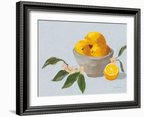 Lemons in Grey Bowl Blue Texture-Pamela Munger-Framed Art Print
