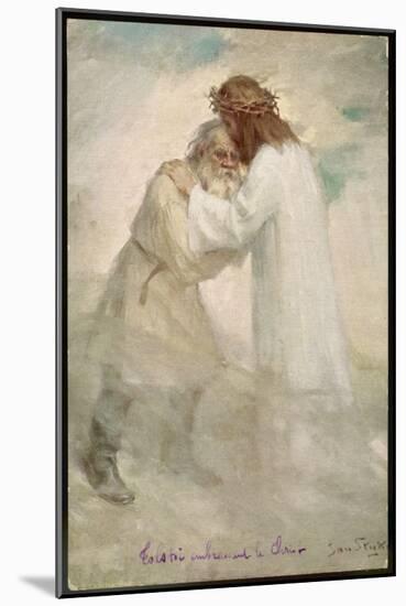 Leo Tolstoy the Russian Novelist Embracing Jesus-Jan Styka-Mounted Art Print