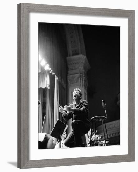 Leonard Bernstein Conducting Mahler's Symphony During NY Philharmonic Rehearsal at Carnegie Hall-Alfred Eisenstaedt-Framed Premium Photographic Print