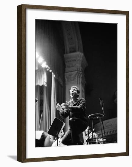 Leonard Bernstein Conducting Mahler's Symphony During NY Philharmonic Rehearsal at Carnegie Hall-Alfred Eisenstaedt-Framed Premium Photographic Print