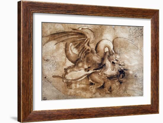 Leonardo Da Vinci (Leonardo Da Vinci) (1452 - 1519): Fight between a Lion and a Dragon, GDSU 435 E-Leonardo Da Vinci-Framed Giclee Print