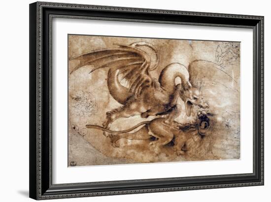 Leonardo Da Vinci (Leonardo Da Vinci) (1452 - 1519): Fight between a Lion and a Dragon, GDSU 435 E-Leonardo Da Vinci-Framed Giclee Print