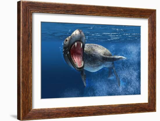 Leopard Seal Swimming Underwater Showing its Sharp Teeth-null-Framed Art Print