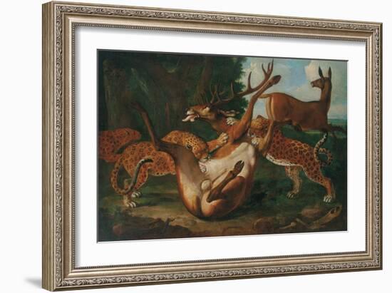 Leopards Attacking Deer in a Landscape-Carl Borromaus Andreas Ruthart-Framed Giclee Print