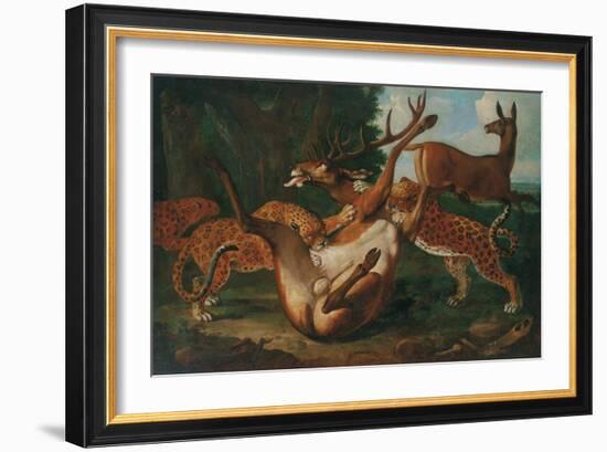 Leopards Attacking Deer in a Landscape-Carl Borromaus Andreas Ruthart-Framed Giclee Print