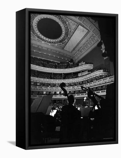 Leopold Stokowski Conducting the New York Philharmonic Orchestra in Performance at Carnegie Hall-Gjon Mili-Framed Premier Image Canvas