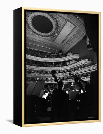 Leopold Stokowski Conducting the New York Philharmonic Orchestra in Performance at Carnegie Hall-Gjon Mili-Framed Premier Image Canvas
