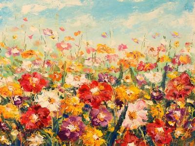 絵画 Oil painting of beautiful flowers. Original Oil Painting of Flowers,Beautiful Field Flowers on Canvas