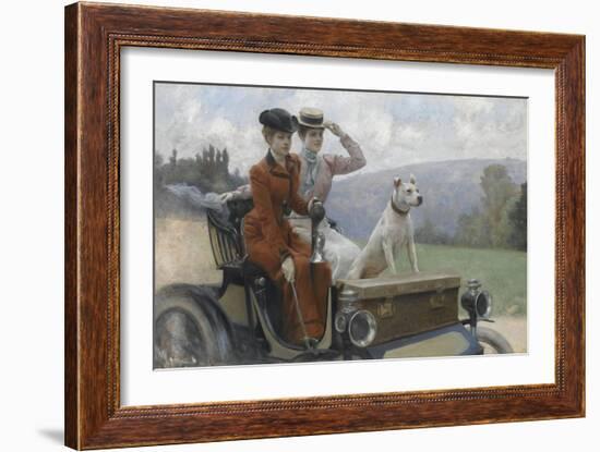 Les Dames Goldsmith au bois de Boulogne en 1897 sur une voiturette Peugeot.-Julius Leblanc Stewart-Framed Giclee Print