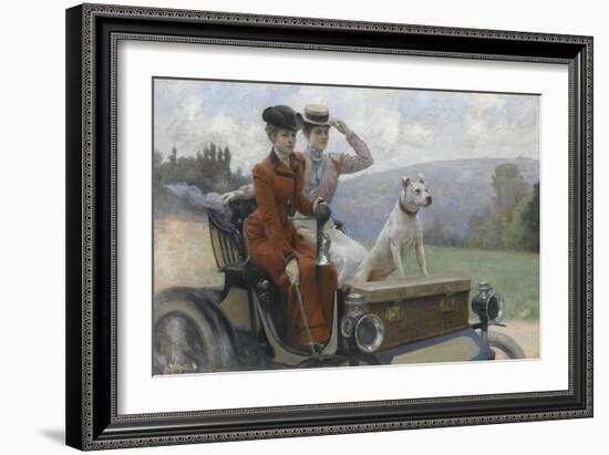 Les Dames Goldsmith au bois de Boulogne en 1897 sur une voiturette Peugeot.-Julius Leblanc Stewart-Framed Giclee Print