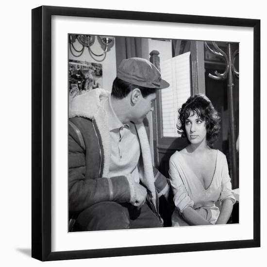 LES MORDUS (The Delinquents) by Rene Jolivet with Sacha Distel and Bernadette Lafont, 1960 (b/w pho-null-Framed Photo