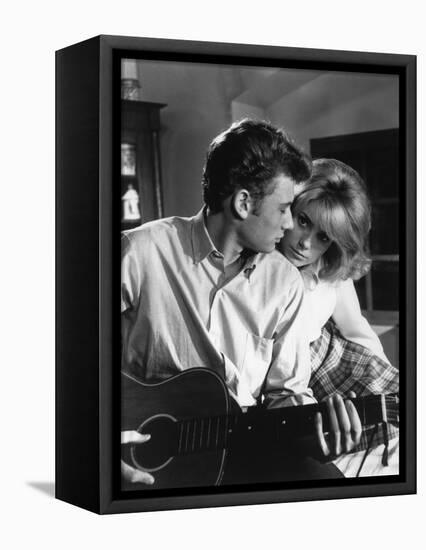 LES PARISIENNES, 1961 directed by MARC ALLEGRET Johnny Hallyday and Catherine Deneuve (b/w photo)-null-Framed Stretched Canvas