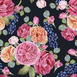 Floral Seamless Pattern with Watercolor Roses and Black Rowan Berries. Background with Bouquets of-Lesia H-Laminated Art Print