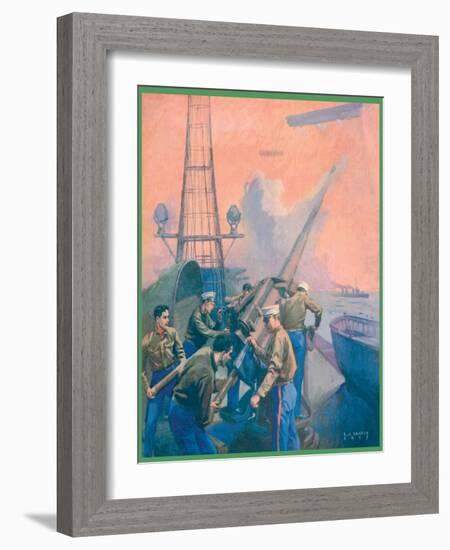 Leslie's: U.S. Marines at the Anti-Aircraft Gun-L.a. Shafer-Framed Art Print