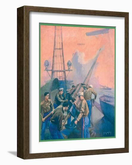 Leslie's: U.S. Marines at the Anti-Aircraft Gun-L.a. Shafer-Framed Art Print