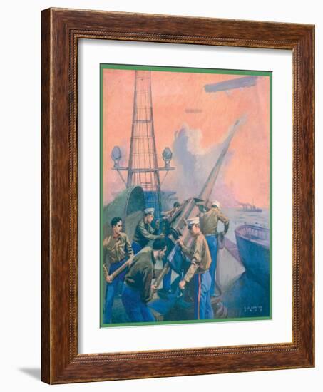 Leslie's: U.S. Marines at the Anti-Aircraft Gun-L.a. Shafer-Framed Art Print