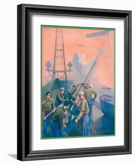 Leslie's: U.S. Marines at the Anti-Aircraft Gun-L.a. Shafer-Framed Art Print