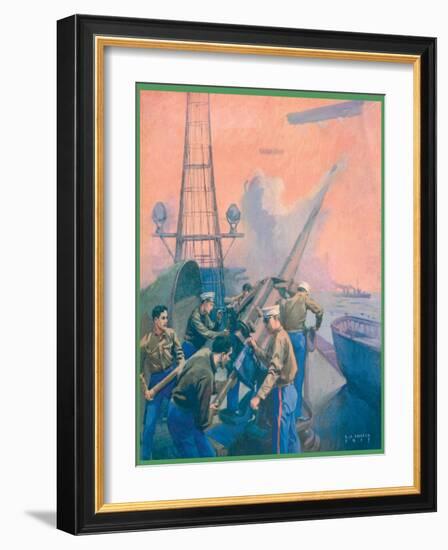 Leslie's: U.S. Marines at the Anti-Aircraft Gun-L.a. Shafer-Framed Art Print