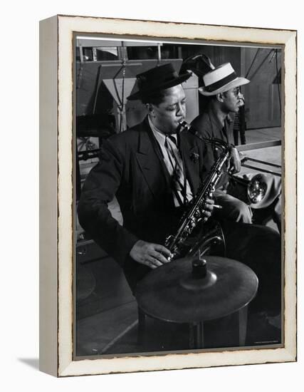 Lester Young and Trombonist at Recording Session for Jammin' the Blues-Gjon Mili-Framed Premier Image Canvas