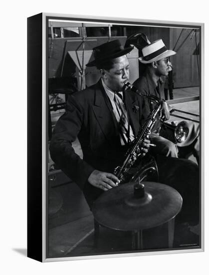 Lester Young and Trombonist at Recording Session for Jammin' the Blues-Gjon Mili-Framed Premier Image Canvas