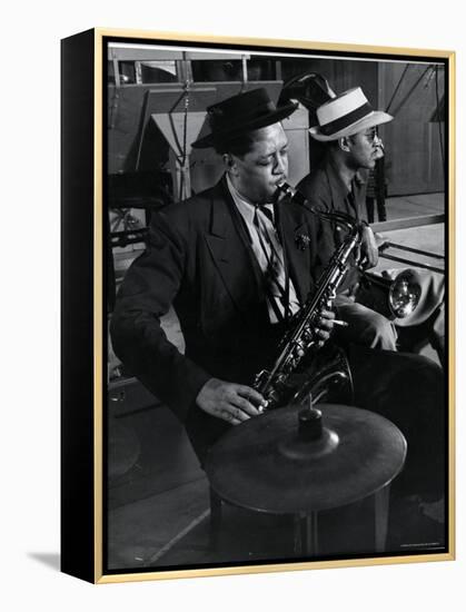 Lester Young and Trombonist at Recording Session for Jammin' the Blues-Gjon Mili-Framed Premier Image Canvas