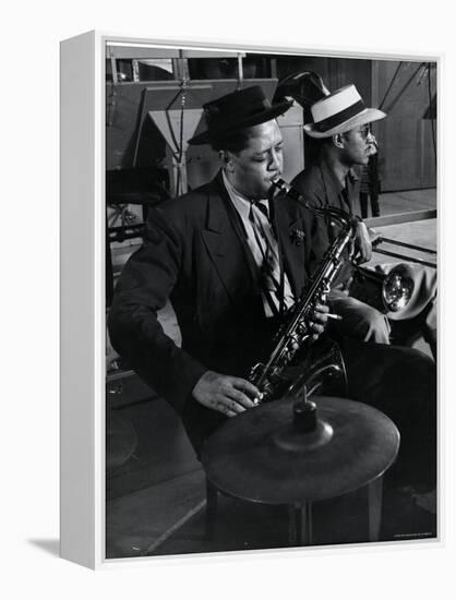 Lester Young and Trombonist at Recording Session for Jammin' the Blues-Gjon Mili-Framed Premier Image Canvas