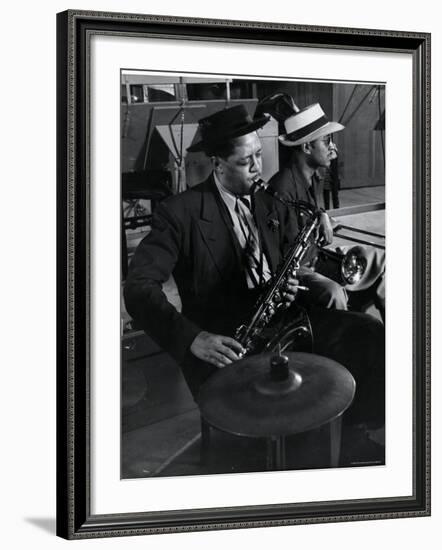 Lester Young and Trombonist at Recording Session for Jammin' the Blues-Gjon Mili-Framed Premium Photographic Print