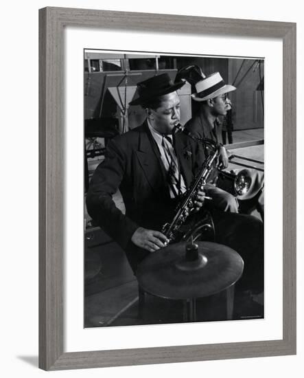 Lester Young and Trombonist at Recording Session for Jammin' the Blues-Gjon Mili-Framed Premium Photographic Print