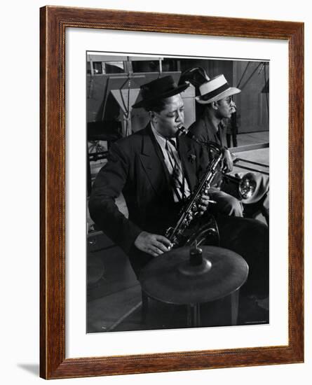 Lester Young and Trombonist at Recording Session for Jammin' the Blues-Gjon Mili-Framed Premium Photographic Print