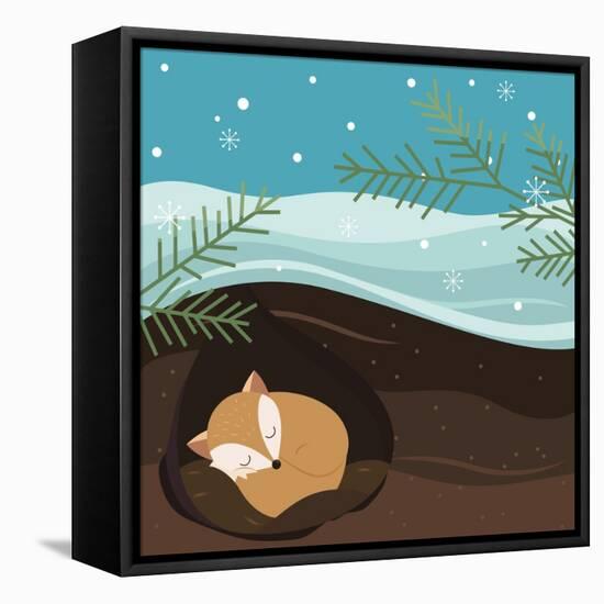 Let it Snow. Fox Sleeping in a Hole. Holiday Background. Christmas Vector.-Teamarwen-Framed Stretched Canvas