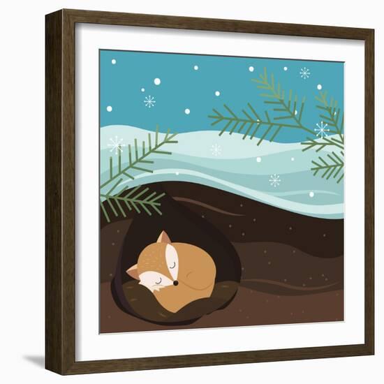 Let it Snow. Fox Sleeping in a Hole. Holiday Background. Christmas Vector.-Teamarwen-Framed Art Print