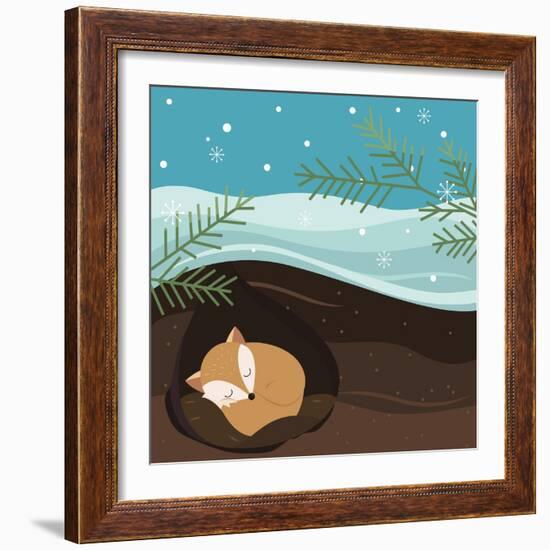 Let it Snow. Fox Sleeping in a Hole. Holiday Background. Christmas Vector.-Teamarwen-Framed Art Print