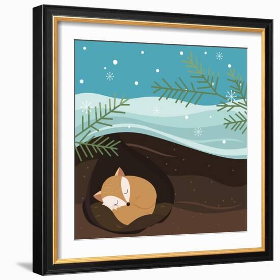 Let it Snow. Fox Sleeping in a Hole. Holiday Background. Christmas Vector.-Teamarwen-Framed Art Print