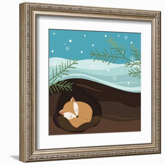 Let it Snow. Fox Sleeping in a Hole. Holiday Background. Christmas Vector.-Teamarwen-Framed Art Print