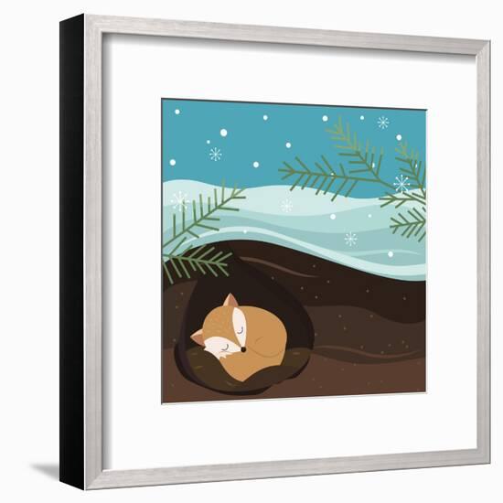 Let it Snow. Fox Sleeping in a Hole. Holiday Background. Christmas Vector.-Teamarwen-Framed Art Print