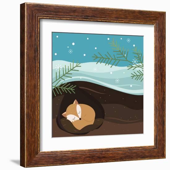 Let it Snow. Fox Sleeping in a Hole. Holiday Background. Christmas Vector.-Teamarwen-Framed Art Print