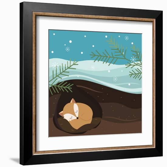 Let it Snow. Fox Sleeping in a Hole. Holiday Background. Christmas Vector.-Teamarwen-Framed Art Print