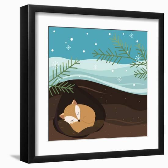 Let it Snow. Fox Sleeping in a Hole. Holiday Background. Christmas Vector.-Teamarwen-Framed Art Print