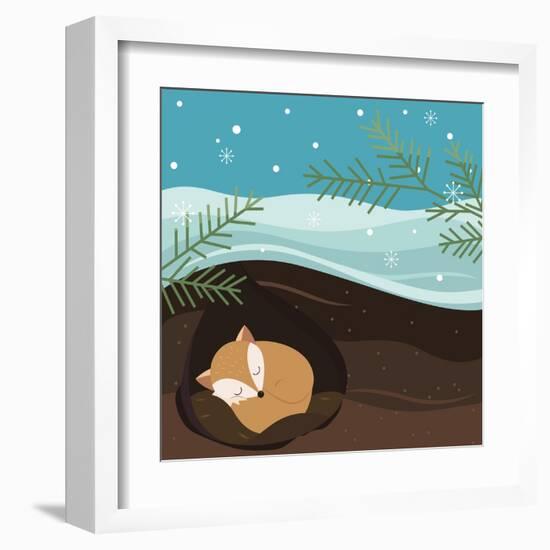 Let it Snow. Fox Sleeping in a Hole. Holiday Background. Christmas Vector.-Teamarwen-Framed Art Print