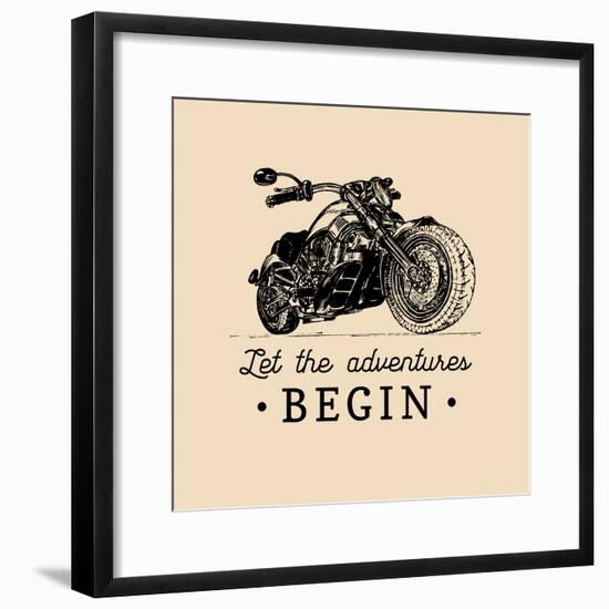 Let the Adventures Begin Inspirational Poster. Vector Hand Drawn Motorcycle for MC Sign, Label. Vin-Vlada Young-Framed Premium Giclee Print