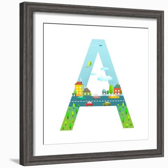Letter A of the Latin Alphabet for Children. Fun Alphabet Letter for Boys and Girls with City, Hous-Popmarleo-Framed Art Print