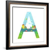 Letter A of the Latin Alphabet for Children. Fun Alphabet Letter for Boys and Girls with City, Hous-Popmarleo-Framed Art Print