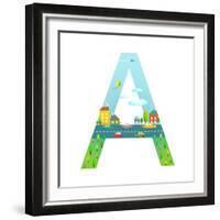 Letter A of the Latin Alphabet for Children. Fun Alphabet Letter for Boys and Girls with City, Hous-Popmarleo-Framed Art Print
