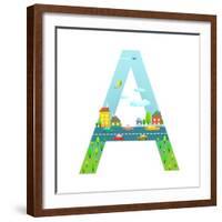 Letter A of the Latin Alphabet for Children. Fun Alphabet Letter for Boys and Girls with City, Hous-Popmarleo-Framed Art Print