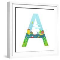 Letter A of the Latin Alphabet for Children. Fun Alphabet Letter for Boys and Girls with City, Hous-Popmarleo-Framed Art Print