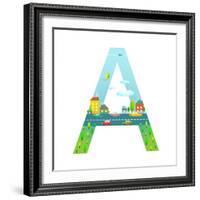 Letter A of the Latin Alphabet for Children. Fun Alphabet Letter for Boys and Girls with City, Hous-Popmarleo-Framed Art Print