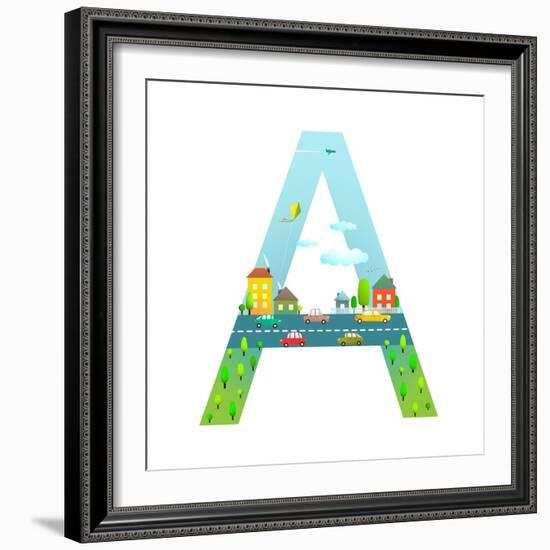 Letter A of the Latin Alphabet for Children. Fun Alphabet Letter for Boys and Girls with City, Hous-Popmarleo-Framed Art Print