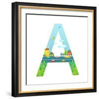 Letter A of the Latin Alphabet for Children. Fun Alphabet Letter for Boys and Girls with City, Hous-Popmarleo-Framed Art Print