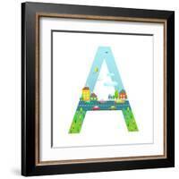 Letter A of the Latin Alphabet for Children. Fun Alphabet Letter for Boys and Girls with City, Hous-Popmarleo-Framed Art Print