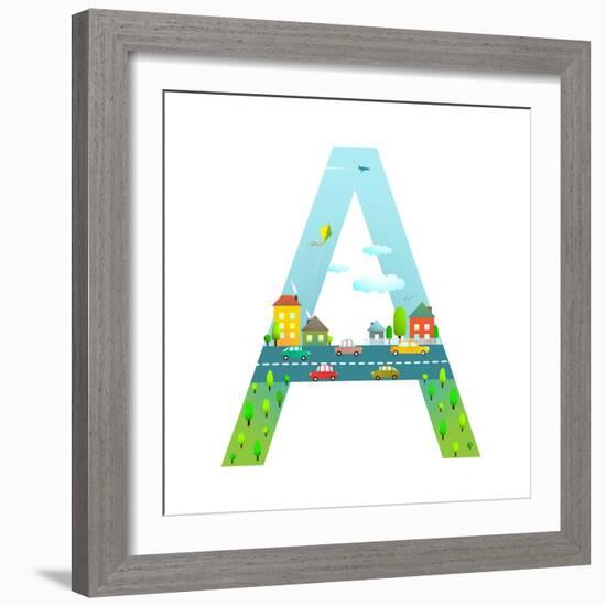 Letter A of the Latin Alphabet for Children. Fun Alphabet Letter for Boys and Girls with City, Hous-Popmarleo-Framed Premium Giclee Print